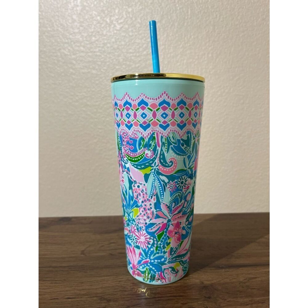 Lilly Pulitzer Mint Floral Tumbler with Blue Straw and Gold Rim